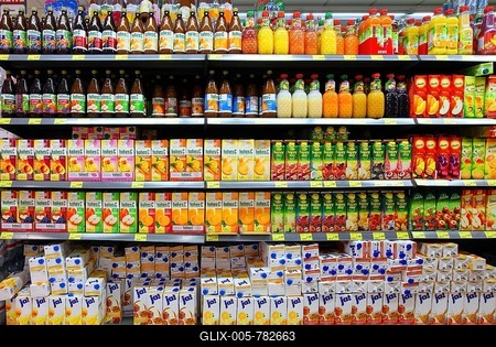 Shelves with juice in bottles and in Tetra Paks, self-service, food department, supermarket, Germany, Europe-stock-foto