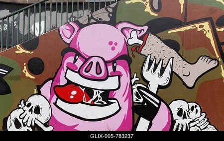 Pig eats human flesh, graffiti, criticism of meat consumption, vegan life, Düsseldorf-Eller, North Rhine-Westphalia, Germany-stock-foto
