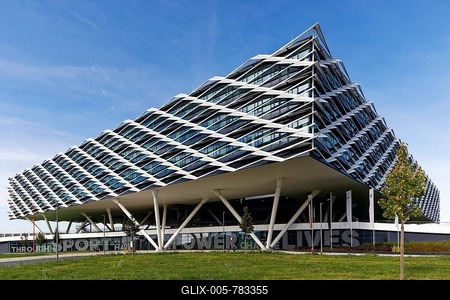 Modernity, architecture, Adidas AG office building, World of Sports Arena, Through sport we have the power to change lives, Herzogenaurach, Middle Franconia, Franconia, Bavaria, Germany-stock-foto