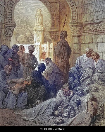 Cut off heads of prisoners by Sultan Bibar, Baibars or Baybars, In 1260, 5 Crusade, Crusades were strategically, religiously and economically motivated wars sanctioned by the Latin Church between 1095-99 and the 13th century, Historical, digitally restored reproduction from a 19th century original-stock-foto
