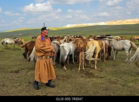 Mongolian man, horse-honored, in traditional dress with herds of horses, Mongolia-stock-foto
