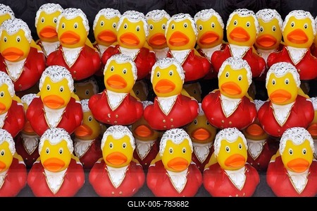 Mozart-look rubber ducks in a shop window, Salzburg, Salzburg province, Austria, Europe-stock-foto