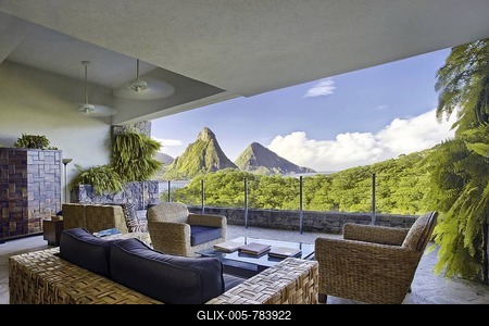 Suite, living room suite, no external wall, Pitons mountains, Jade Mountain luxury hotel, Saint Lucia, Windward Islands, Lesser Antilles, Caribbean, Caribbean Sea-stock-foto