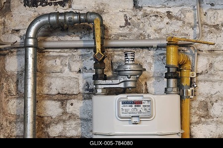 Gas meter and gas mains in a house cellar, natural gas heating system prior to modernisation, Germany, Europe-stock-foto