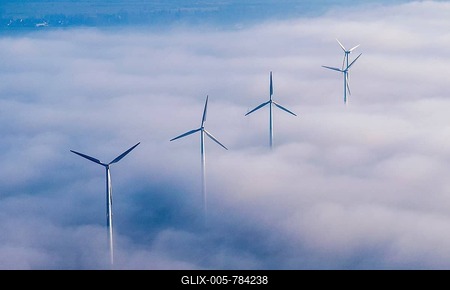 Wind power station in the fog, aerial view, Hamburg, Germany-stock-foto