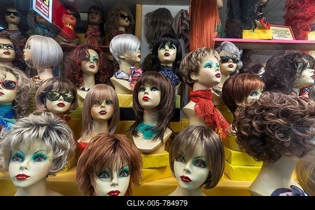 Shop window of a wig store, Bavaria, Germany-stock-foto