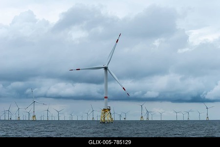 Offshore wind farm Nordsee Ost, operator RWE, north of Helgoland, German economic zone, wind turbines with jacket foundation structure, low swell, supply station, ship tug, Germany-stock-foto