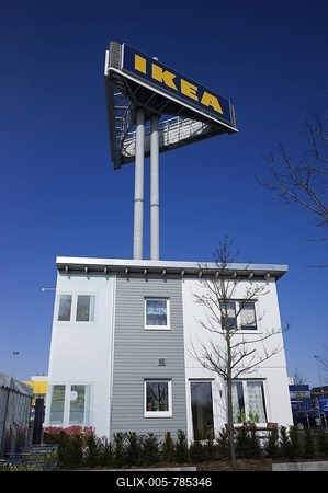 IKEA flat-pack houses, Boklok, BoKlok, literally "live smart", presentation of discount prefab houses on the Ikea site in Hofheim-Wallau, Hesse, Germany, Europe-stock-foto