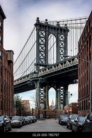 Manhattan Bridge, the Empire State Building at the back, Manhattan, Downtown Brooklyn, Brooklyn, New York-stock-foto