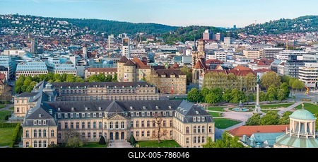 City view of Stuttgart. Aerial view. City centre on the Schlossplatz with New Palace, Old Palace and Collegiate Church. Stuttgart, Baden-Württemberg, Germany-stock-foto