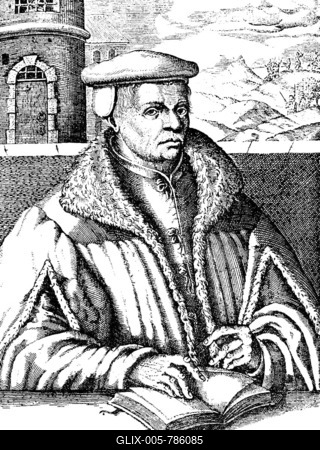 Thomas Müntzer or Münzer (1489-1525) after a woodcut, portrait, in the background depiction of his execution, death by beheading, struggle for a new social order, priest and initially admirer of Luther, historical illustration 1883-stock-foto