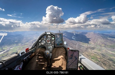 Cockpit, glider, instruments, weather, cumulus, flying, aviation, sport, leisure, aerial view, France, Provence-stock-foto