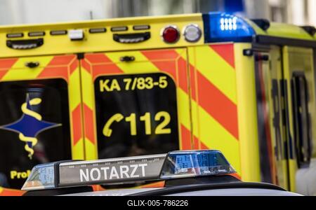 Ambulance, emergency doctor vehicle with blue light, symbol photo, Karlsruhe, Baden-Württemberg, Germany-stock-foto