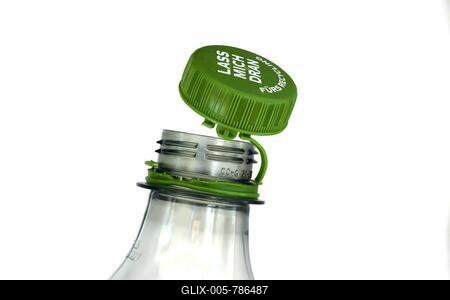 Leave-me-on lids will be compulsory on all bottles, from 2024 an EU regulation will require a fixed connection between cap and beverage bottle for environmental reasons, Coca Cola already has the tethered caps, studio shot, Germany-stock-foto
