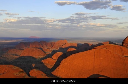 Aerial view of Kata Tjuta, The Olgas in front of Uluru, Ayers Rock at sunset, Uluru-Kata Tjuta National Park, Northern Territory, Australia-stock-foto