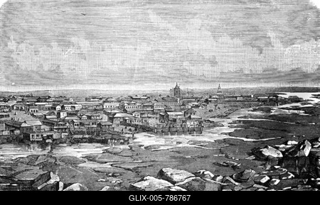 Cityscape of Yakutsk on the Lena River in Far East Russia, capital of the Republic of Sakha or Yakutia, Siberia, tundra, cold climate, houses on stilts, frozen ground, churches, travelling in Asia, historical illustration 1887-stock-foto