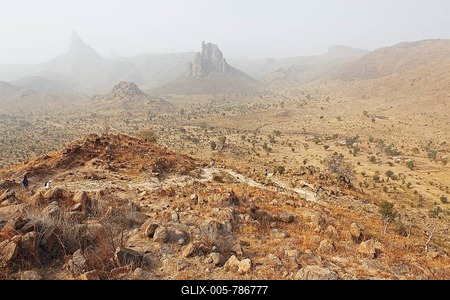 Volcanic landscape with the Harmattan haze, Mandara Mountains, Rhumsiki, Far North, Cameroon-stock-foto