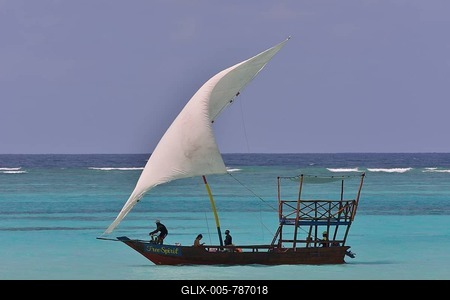 Dhow sailing on turquoise waters, Dongwe, Zanzibar, Tanzania-stock-foto