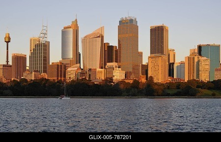 Skyline of Sydney at sunrise, TV Tower, Central Business District, Sydney, New South Wales, Australia-stock-foto
