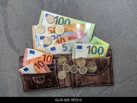 Symbol photo cash money banknotes euro banknotes coins coin money euro coins swells out of wallet purse, international-stock-foto