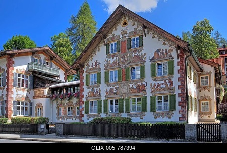 Hänsel-und-Gretelhaus with typical Lüftlmalerei, Oberammergau, Passion Play Village, Ammertal, Ammergauer Alps, Upper Bavaria, Bavaria, Germany-stock-foto