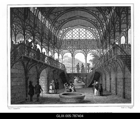 Iron fountain hall, fountain pavilion or fountain temple, Bad Kissingen, drawing by Ainmüller, steel engraving by J. Poppel, 1840-54, Kingdom of Bavaria, Germany-stock-foto