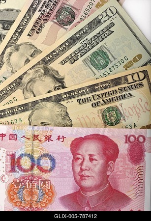 Symbolic image for exchange rates, Chinese yuan, renminbi, currency of the People's Republic of China, in the West Yu疣, colloquially Kuai, banknotes, and US-dollar banknotes-stock-foto