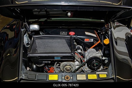 View under bonnet with engine Turbo engine of Porsche 911 930 Turbo Targa, Techno Classica trade fair, Essen, North Rhine-Westphalia, Germany-stock-foto