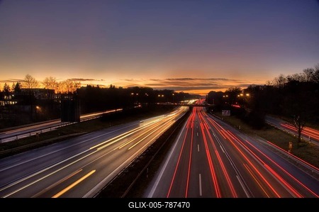 A96 motorway at dusk with light trails of moving cars, Munich, Bavaria, Germany-stock-foto