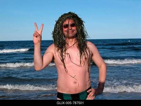 Hippie, parody, hair from seaweed, Rügen, Baltic Sea-stock-foto