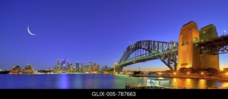 Panorama shot of the Sydney Opera House, Sydney Harbour Bridge, Harbour, Sydney skyline, Central Business District, moon, night shot, Sydney, New South Wales, Australia-stock-foto