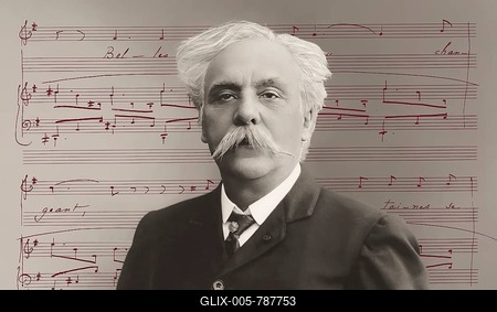 Portrait of Gabriel Fauré, 1845-1924, French composer, digitally edited according to a photograph by Pierre Petit, 1905, notesheet from Arpčge, op. 76, no. 2, 1897, song with piano accompaniment, text by Albert Samain-stock-foto