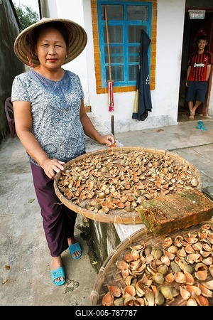 Chinese woman wearing a straw hat, drying fruit peel in front of her house, Shimei, Hainan Province, China-stock-foto