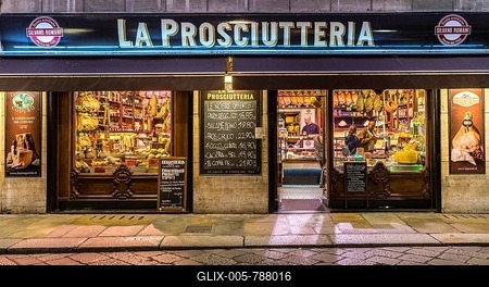 Prosciutteria, delicatessen with typical ham specialities, Parma, Emilia-Romagna, Italy-stock-foto