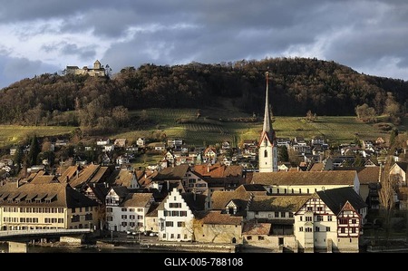The historic city of Stein am Rhein with the castle Hohenklingen in the evening light, Canton Schaffhausen, Switzerland, Europe-stock-foto