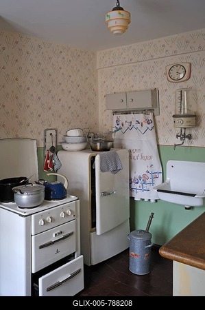 Kitchen of the 1950s with a stove, a refrigerator, a sink and a hot water boiler, industrial museum, Lauf, Middle Franconia, Bavaria, Germany, Europe-stock-foto