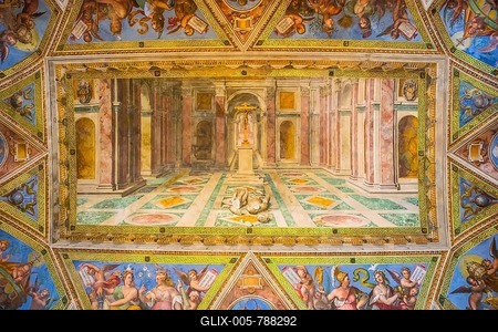 The triumph of Christianity over Paganism by Tommaso Laureti, ceiling fresco, Sala di Costantino, Vatican Museums, Vatican, Italy-stock-foto