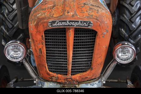 Close-up of an old Lamborghini tractor with brand emblem, Klassikwelt Lake Constance 2023, Friedrichshafen, Bodenseekreis, Baden-Württemberg, Germany-stock-foto
