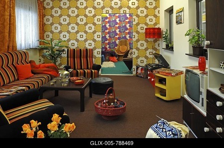 Fully furnished seventies style living room, special exhibition in 2010-11, industrial museum, Sichartstrasse street 5-25, Lauf an der Pegnitz, Middle Franconia, Bavaria, Germany, Europe-stock-foto