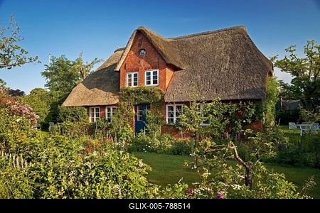 Thatched roof house, Frisian house, Nebel, Amrum Island, North Sea, North Frisia, Schleswig-Holstein, Germany-stock-foto