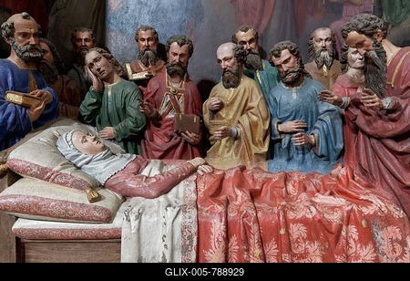 Death of Mary, the Mother of Jesus, mourned by the disciples, sculpture group, Constance Cathedral, Constance, Baden-Württemberg, Germany-stock-foto