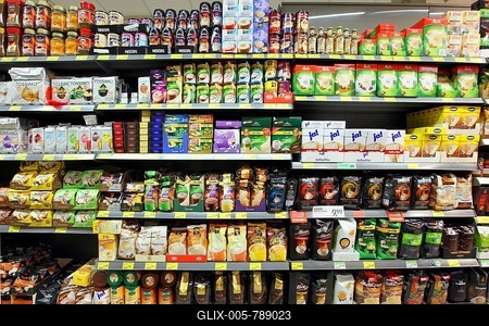 Shelves with soluble coffee, coffee pads, coffee beans, coffee filters, self-service, food department, supermarket, Germany, Europe-stock-foto