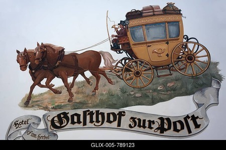 Wall painting, stagecoach at Gasthof zur Post, Lofer, Pinzgau in the province of Salzburg, Austria-stock-foto
