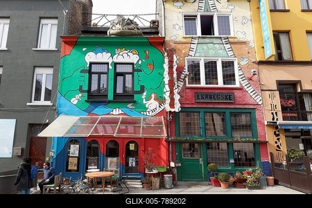 Restaurants with colourfully painted facades at the harbour, Ostend, Belgian coast, West-Flanders, Belgium-stock-foto