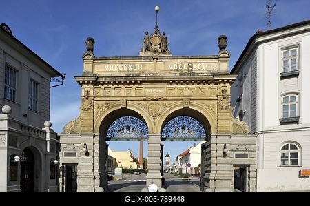 Historic gate, Pilsner Urquell brewery, Pilsen, Bohemia, Czech Republic, Europe-stock-foto