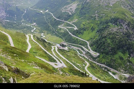 View of the Grimselpass pass, south road on the left, and the Furkapass pass right, in the middle the village Gletsch, Canton Valais, Switzerland, Europe-stock-foto