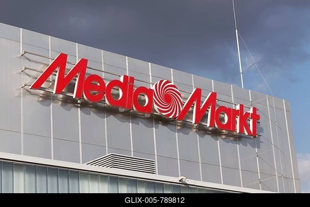 Logo Media Markt at a shopping center, consumer electronics chain, Düsseldorf, North Rhine-Westphalia, Germany-stock-foto