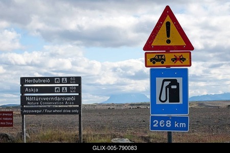 Warning sign indicates lack of petrol stations in the highlands, Ring Road, northern Iceland, Europe-stock-foto
