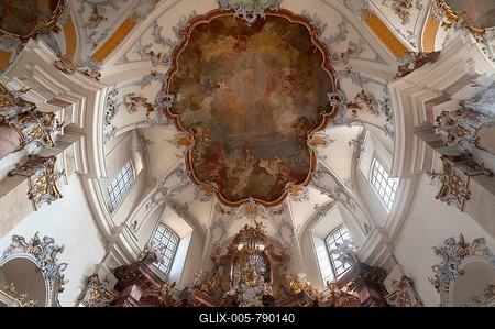 Ceiling fresco by Appiani in the choir, high altar at the bottom, Basilica of the Fourteen Holy Helpers, Basilika Vierzehnheiligen, built 1743-1772, architect Balthasar Neumann, Bad Staffelstein, Upper Franconia, Bavaria, Germany-stock-foto