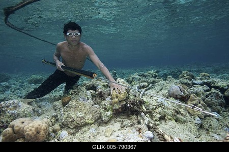 Fisherman hunting fish with a primitive harpoon in the Bunaken National Park, Indonesia, Southeast Asia-stock-foto